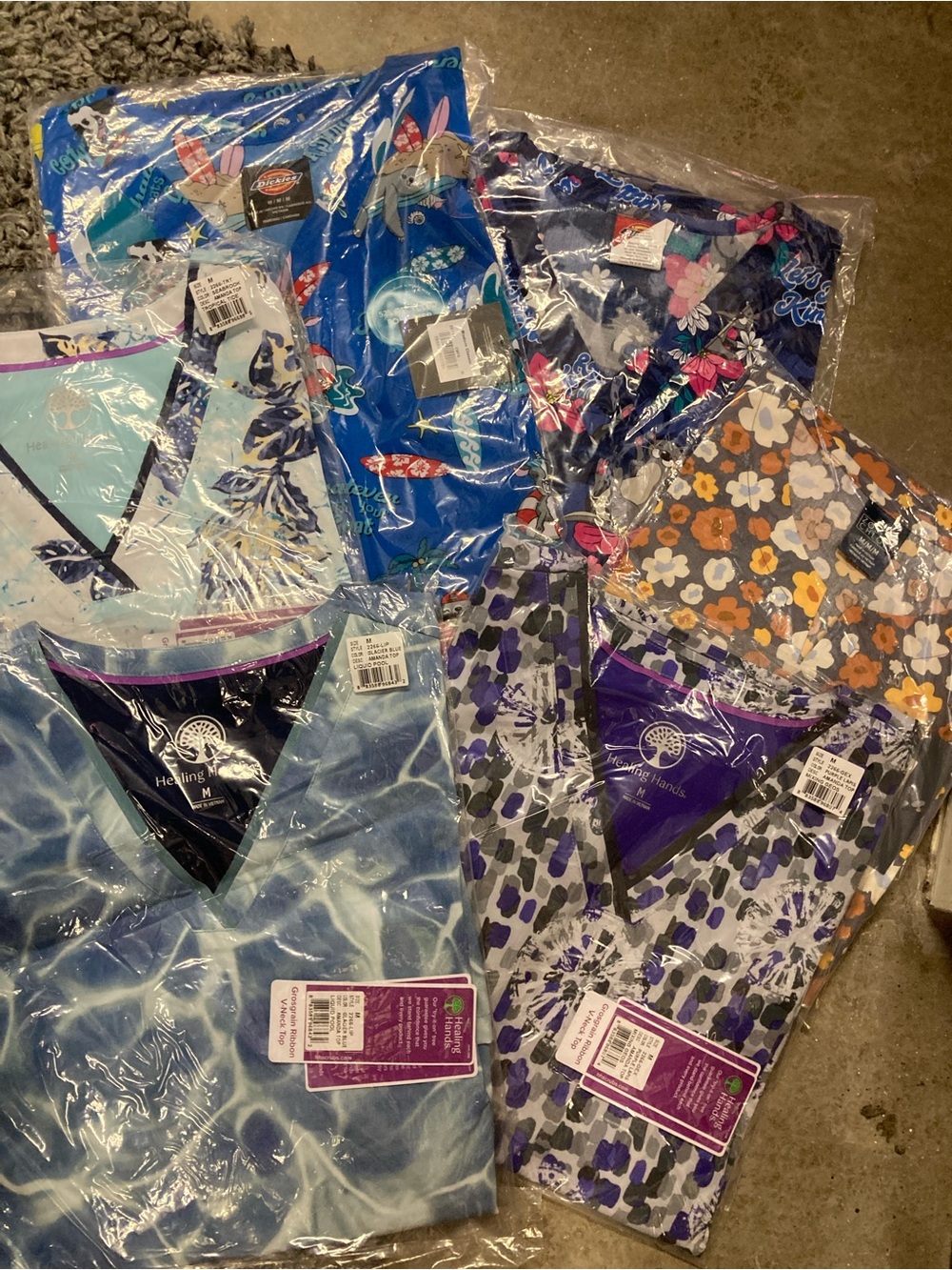 Lot of 6 Scrub Tops NWT Med Floral and Fun combo